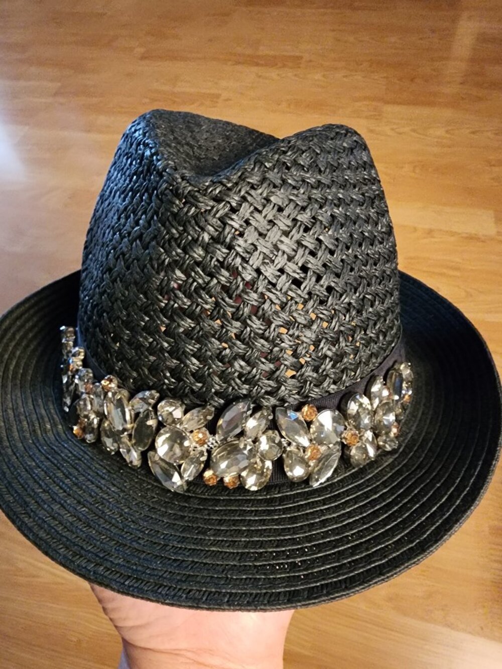 Something Special Black Straw Fedora Rhinestone Hatband M/L